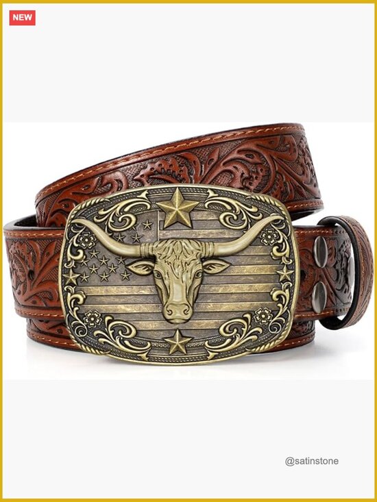 Western Cowboy Belt Bull Buckle Cow Split Leather Adjustable main image 4
